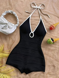 Damen Badeanzug mit Halterneck und Wellenmuster – Eleganter Vintage-Stil für Strand und Pool - Schwarz