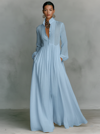 Brunhilde | Patchwork Leinen Maxi Kleid Stehkragen - Blau