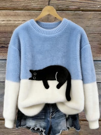 Damen Oversized Pullover mit Farbblockdesign und Katzenmotiv - Hellblau