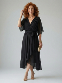 Elric | Damen Leichtes Drapiertes Midikleid – Leicht Drapiert Midi Kleid - Black