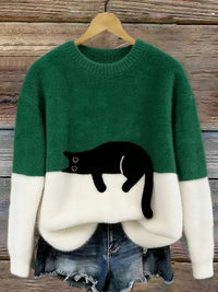 Damen Oversized Pullover mit Farbblockdesign und Katzenmotiv - Grün