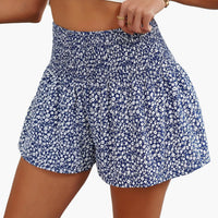 Kurze Damenhose mit hoher Taille und Rüschen, lässiger Blumenstil für den Sommer - Blau