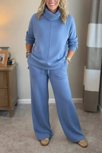 Aivra | Damen Turtleneck Langarm Weitbeiniger Zweiteiler mit Taschen - Blau