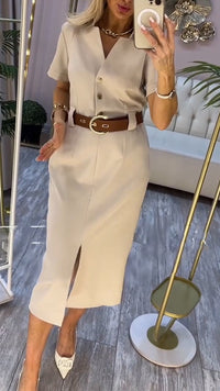 Damen Midi-Kleid mit kurzen Ärmeln, seitlichem Schlitz und Knöpfen - Khaki