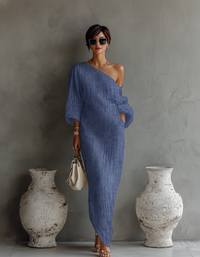 Ximena | Elfenbein Leinen Kleid Schulterfrei - Blau