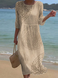 Mira | Luftiges Leinenkleid mit Stickdetails & 3/4-Ärmeln - Khaki