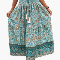 Damen Boho Lange Blumige Elegante Sommermode Rock mit Taschen - Türkis