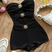 Damen Baddräkt Retro Bandeau Leopardenmuster mit Ausschnitten und Dekorativen Schnallen – Perfekt für Strand und Pool - Schwarz