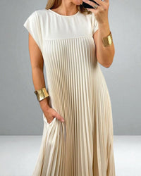 Jolijn | Damen Plissiertes Kleid – Niederländisch Inspiriertes Plissee Kleid - Beige