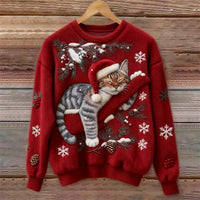 Elisabetta – Plüschpullover Mit Fauler Katze - Rot