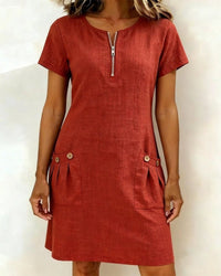 Krystan – Kurzärmeliges Utility Kleid Mit Reißverschluss Vorne - Rot