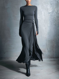 Laura | Damen Elegant Drapiertes Langarm Maxikleid - Grau