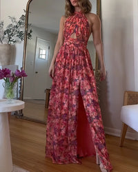 Isa Luna | Damen Rückenfreies Maxikleid Blumendruck – Rückenfrei Floral Maxi - Rote Blüten