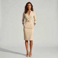 Luisa | Damen Business Tailliertes Midikleid mit 3/4-Ärmeln - Aprikose
