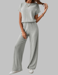 Paula | Damen Rippstrick-Set Kurzarm Top Weite Hose Casual - Grau