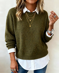 Sophie | Damen Pullover mit Kragen & Patchwork-Design - Grün