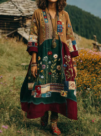 Eresha - Lässiges Langarm Kleid Mit Blumenmuster - Grün-Gelb