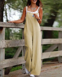 Elfriede | Damen Leinenjumpsuit Latzhose Wide-Leg-Pants Träger Hosenanzug - 3