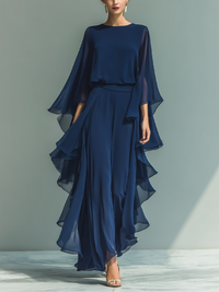 Niamh | Damen Marineblau Chiffon Top Ausgestellte Ärmel Hose Raffung – Navy Chiffon Set - Marineblau