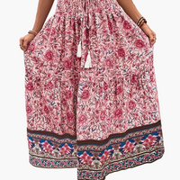 Damen Boho Lange Blumige Elegante Sommermode Rock mit Taschen - Rot