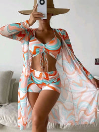 Catherine – 3-teiliges Bikini-Set mit Langarm-Cardigan für den Sommerstrand - Orange