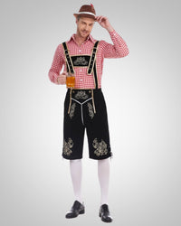 Alexander | Herren Lässig Oktoberfest Lederhose - Rosa Oberteil + schwarze Hose + brauner Hut