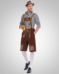 Alexander | Herren Lässig Oktoberfest Lederhose - Schwarzes Oberteil + Braune Hose + Brauner Hut