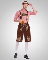 Alexander | Herren Lässig Oktoberfest Lederhose - Rosa Oberteil + braune Hose + brauner Hut