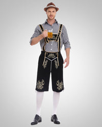 Alexander | Herren Lässig Oktoberfest Lederhose - Schwarzes Oberteil + Schwarze Hose + Brauner Hut