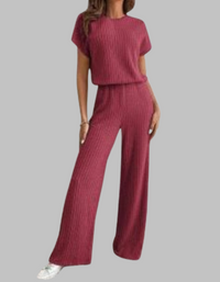 Paula | Damen Rippstrick-Set Kurzarm Top Weite Hose Casual - Ziegelrot