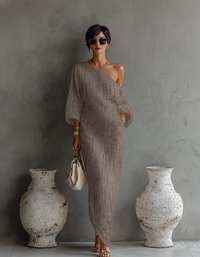 Ximena | Elfenbein Leinen Kleid Schulterfrei - Khaki