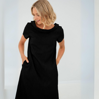 Damen Mini-Kleid mit kurzen Ärmeln und Taschen - Schwarz