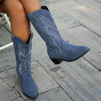 Adaeze | Damen Westernstiefel mit weitem Schaft und Blockabsatz - Marineblau