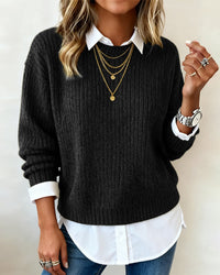 Sophie | Damen Pullover mit Kragen & Patchwork-Design - Schwarz