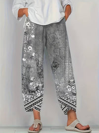 Thimasha - Caprihose Im Vintage Blumenmuster Mit Elastischem Bund - Schwarz