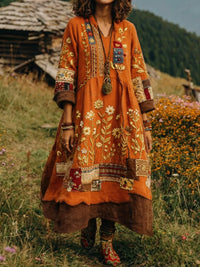 Eresha - Lässiges Langarm Kleid Mit Blumenmuster - Orange