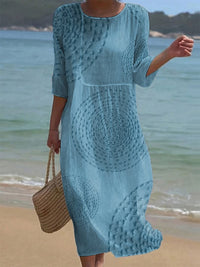 Mira | Luftiges Leinenkleid mit Stickdetails & 3/4-Ärmeln - See-Blau