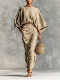 Natalia | Damen Zweiteiler Langer Rock Fledermausärmel – Fledermaus Ärmel Langer Rock - Khaki