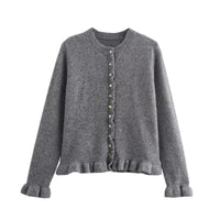 Rüschen Frauen Cardigan mit Knöpfen, Schickes Schichted Oberteil - Grau