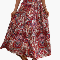 Damen Boho Lange Blumige Elegante Sommermode Rock mit Taschen - Weinrot