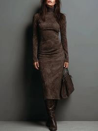 Jana | Damen Stehkragen Langarm Wildleder Midikleid – Wildleder Midi Stehkragen - Kaffeebraun