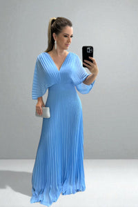 Amara | Damen Plissiertes Maxikleid – Elegantes Plissee Maxi Kleid - Sky Blue