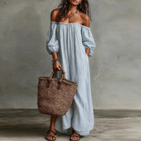Mia | Damen Gestreiftes Knopfleisten Dreiviertelarm Midi-Kleid - Blau