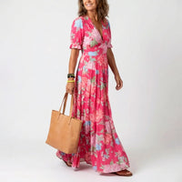Nancy | Damen Geblümtes langes Sommerkleid - Rosa