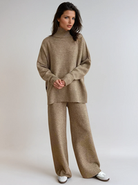 Damen Turtleneck Lounge Set mit Weitbein-Hosen - Beige
