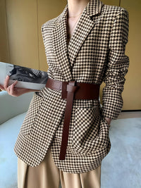 Damen Hahnentritt Blazer mit Gürtel, Knöpfen und Taschen - Braun