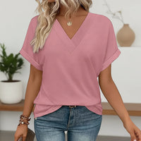 Damen V Ausschnitt Bluse Fledermausärmel Oberteil Locker - Rosa