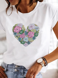 Leonora | Damen Herz Print T-Shirt Rundhals Kurzarm - Weiß 5
