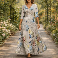 Denise | Damen Blumenkleid V-Ausschnitt Fließend Sommer - Grau