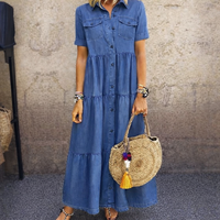 Elizabeth | Damen Maxikleid mit kurzen Ärmeln und Taschen - Blau